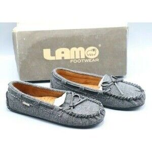 Lamo Sabrina Moccasins II in a black herringbone pattern woman’s 8